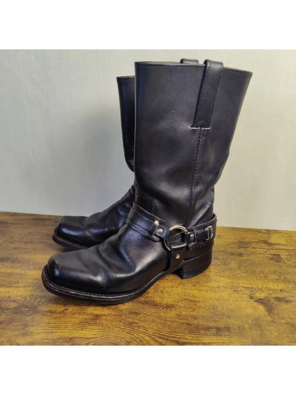 FRYE 10M Harness Boots Black Leather USA Biker MOTO Neoprene Oil Resistant